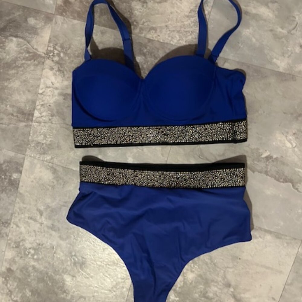 Blue High-Waist Bikini Set with Embellished Trim